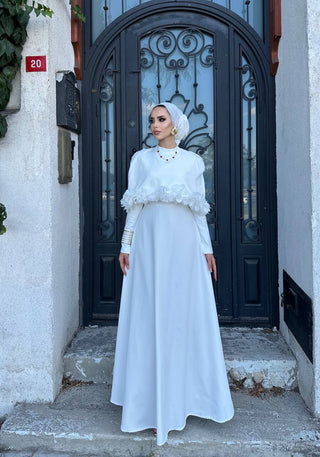 Gül Detaylı Menekşe Abiye Beyaz