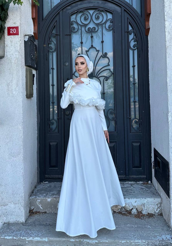 Gül Detaylı Menekşe Abiye Beyaz