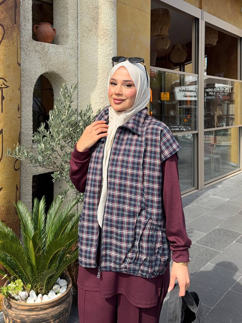 Ekose Yelekli 3’lü Takım Bordo