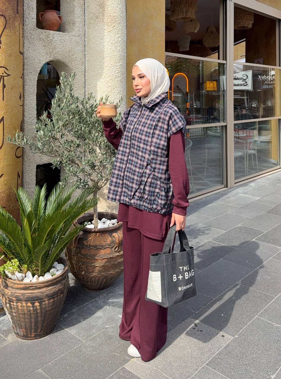 Ekose Yelekli 3’lü Takım Bordo