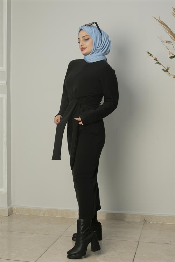 Sayra Shawl Kadın Bağlama Detaylı Nubuk Tesettür Elbise  SYR018