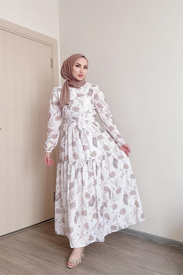 Sayra Shawl Kadın Bej Çiçek Desenli Tesettür Elbise