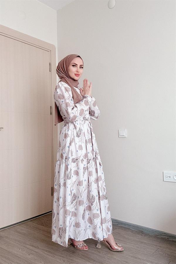Sayra Shawl Kadın Bej Çiçek Desenli Tesettür Elbise
