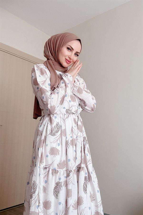 Sayra Shawl Kadın Bej Çiçek Desenli Tesettür Elbise