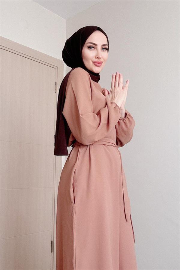Sayra Shawl Kadın Bej Kuşaklı Salaş Kesim Tesettür Tulum