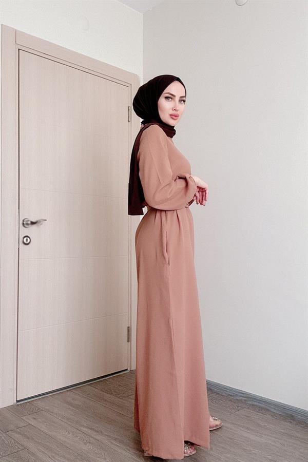 Sayra Shawl Kadın Bej Kuşaklı Salaş Kesim Tesettür Tulum