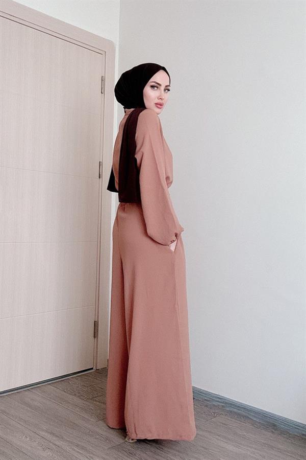 Sayra Shawl Kadın Bej Kuşaklı Salaş Kesim Tesettür Tulum