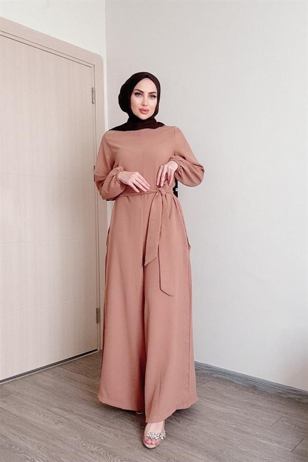 Sayra Shawl Kadın Bej Kuşaklı Salaş Kesim Tesettür Tulum