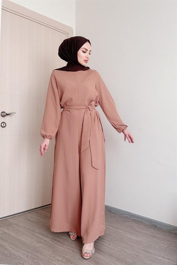 Sayra Shawl Kadın Bej Kuşaklı Salaş Kesim Tesettür Tulum