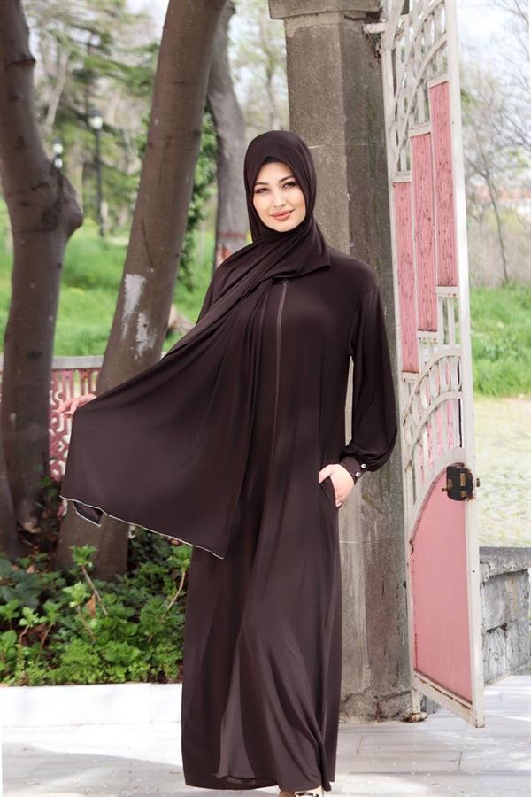 Sayra Shawl Kadın Kahverengi Şallı Ferace SYR006