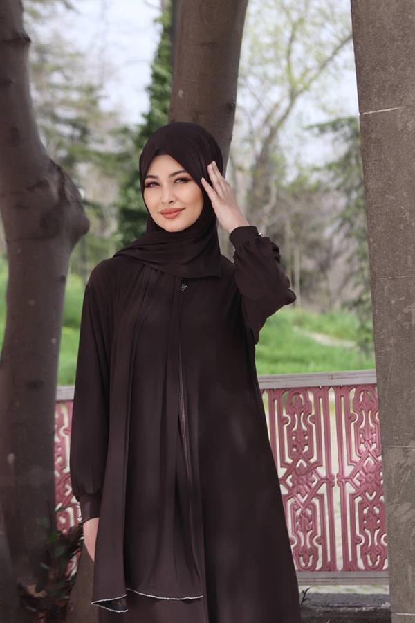 Sayra Shawl Kadın Kahverengi Şallı Ferace SYR006