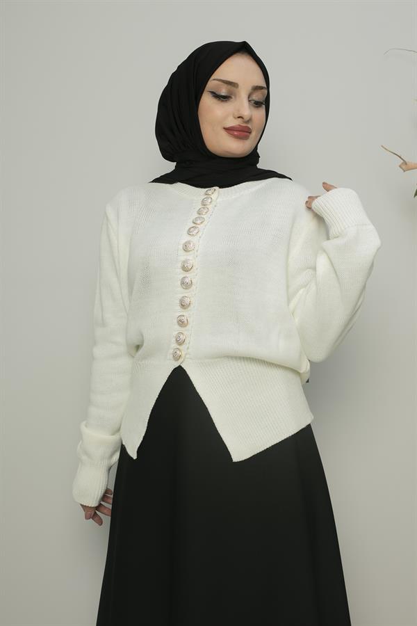 Sayra Shawl Kadın Krem Düğme Detaylı Triko Hırka
