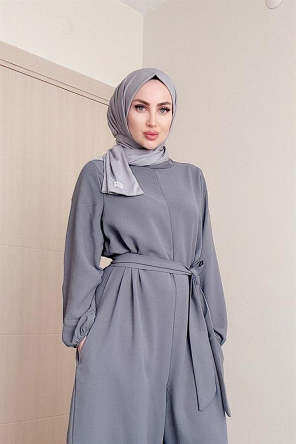Sayra Shawl Kadın Gri Kuşaklı Salaş Kesim Tesettür Tulum