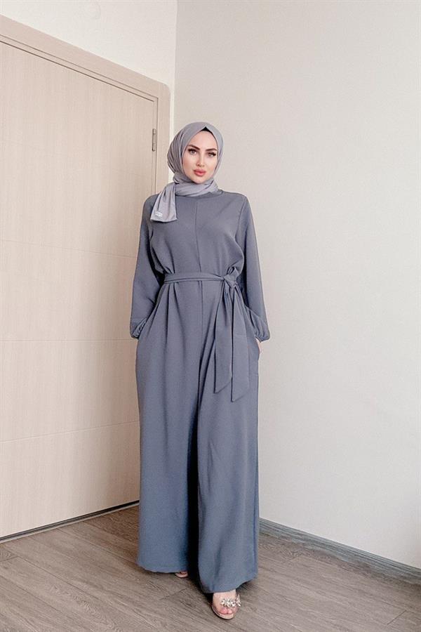 Sayra Shawl Kadın Gri Kuşaklı Salaş Kesim Tesettür Tulum