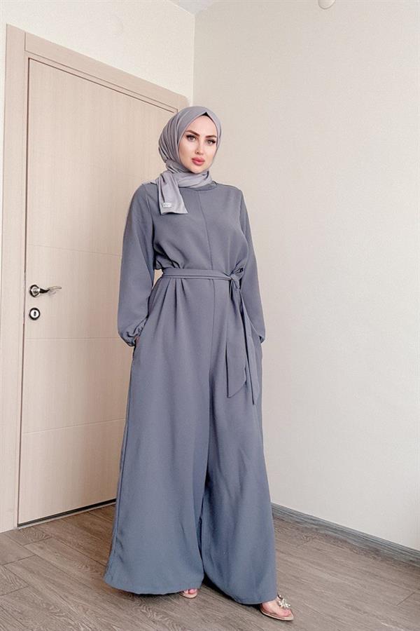 Sayra Shawl Kadın Gri Kuşaklı Salaş Kesim Tesettür Tulum