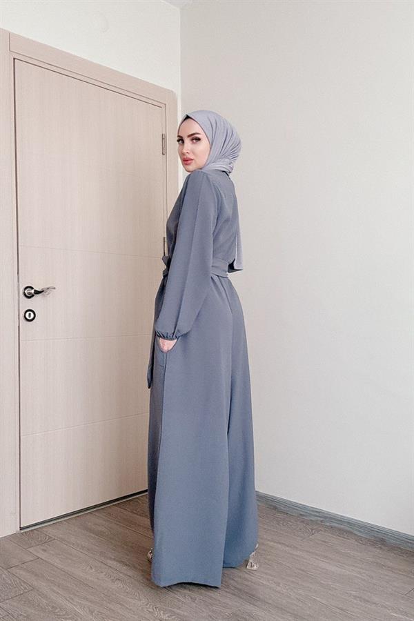 Sayra Shawl Kadın Gri Kuşaklı Salaş Kesim Tesettür Tulum