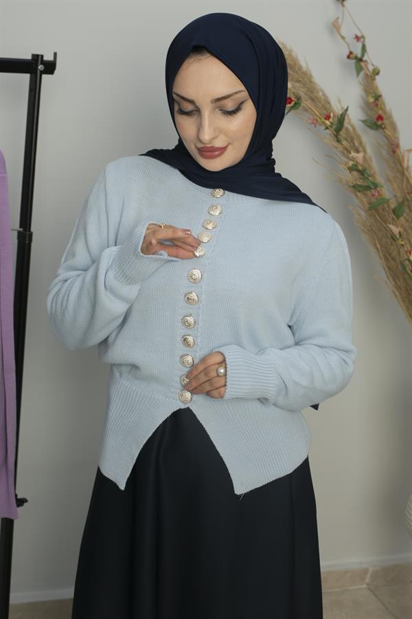 Sayra Shawl Kadın Bebe Mavisi Düğme Detaylı Triko Hırka SYR017