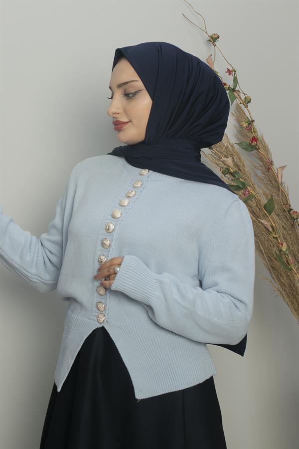 Sayra Shawl Kadın Bebe Mavisi Düğme Detaylı Triko Hırka SYR017