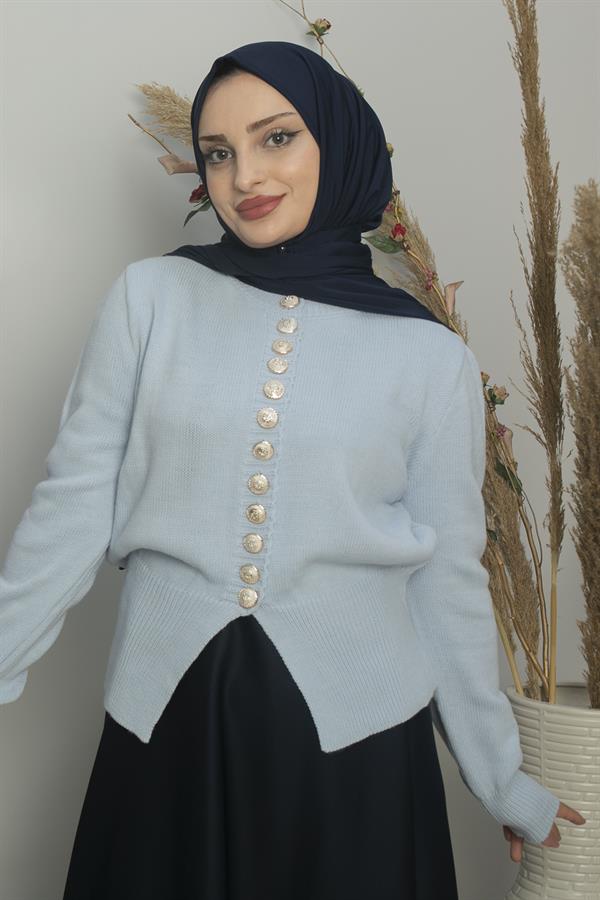 Sayra Shawl Kadın Bebe Mavisi Düğme Detaylı Triko Hırka SYR017