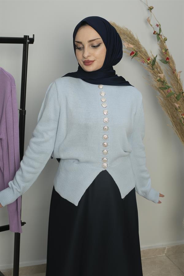 Sayra Shawl Kadın Bebe Mavisi Düğme Detaylı Triko Hırka SYR017