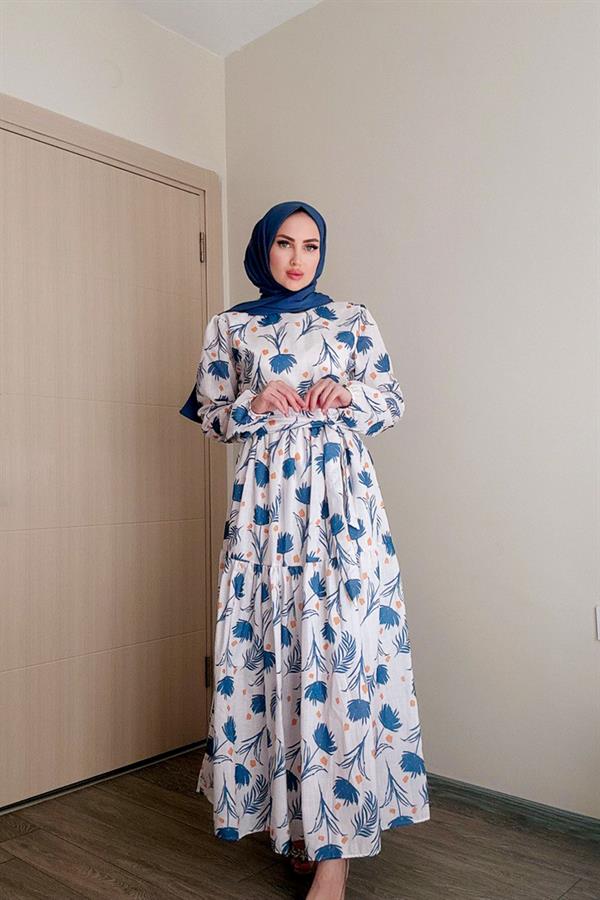 Sayra Shawl Kadın Mavi Çiçek Desenli Tesettür Elbise