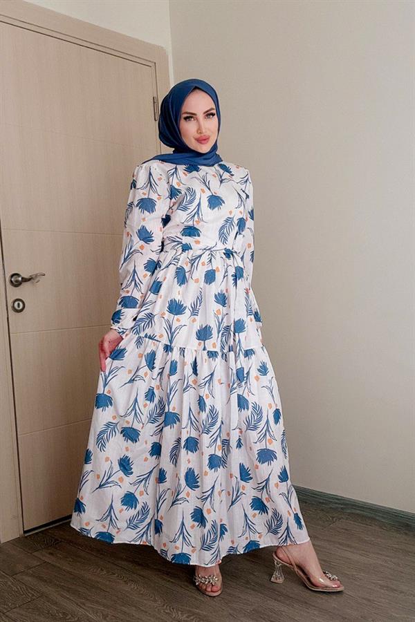 Sayra Shawl Kadın Mavi Çiçek Desenli Tesettür Elbise