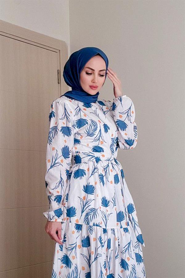 Sayra Shawl Kadın Mavi Çiçek Desenli Tesettür Elbise