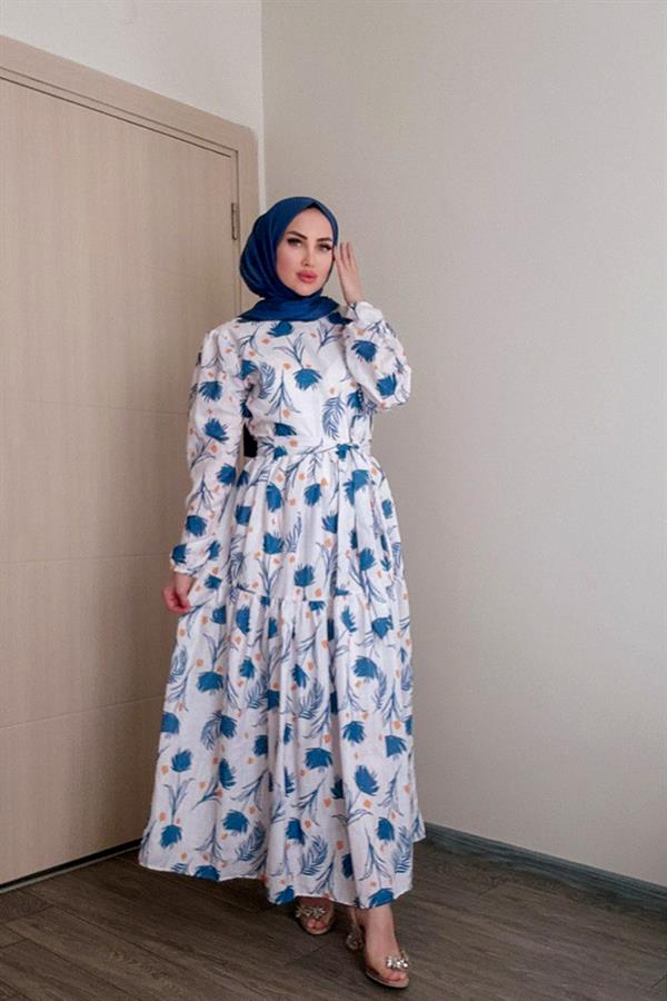 Sayra Shawl Kadın Mavi Çiçek Desenli Tesettür Elbise