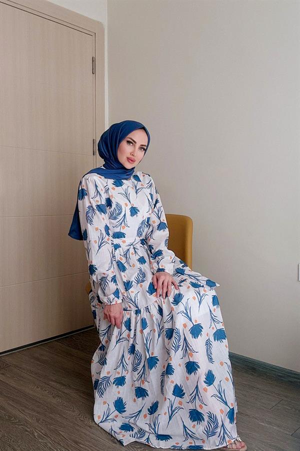 Sayra Shawl Kadın Mavi Çiçek Desenli Tesettür Elbise