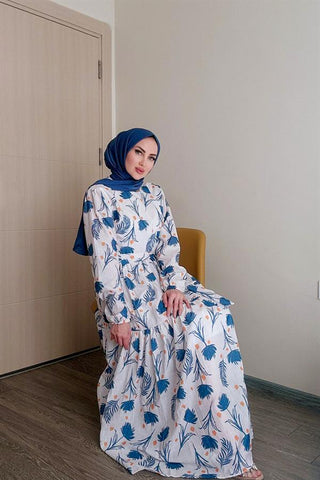 Sayra Shawl Kadın Mavi Çiçek Desenli Tesettür Elbise