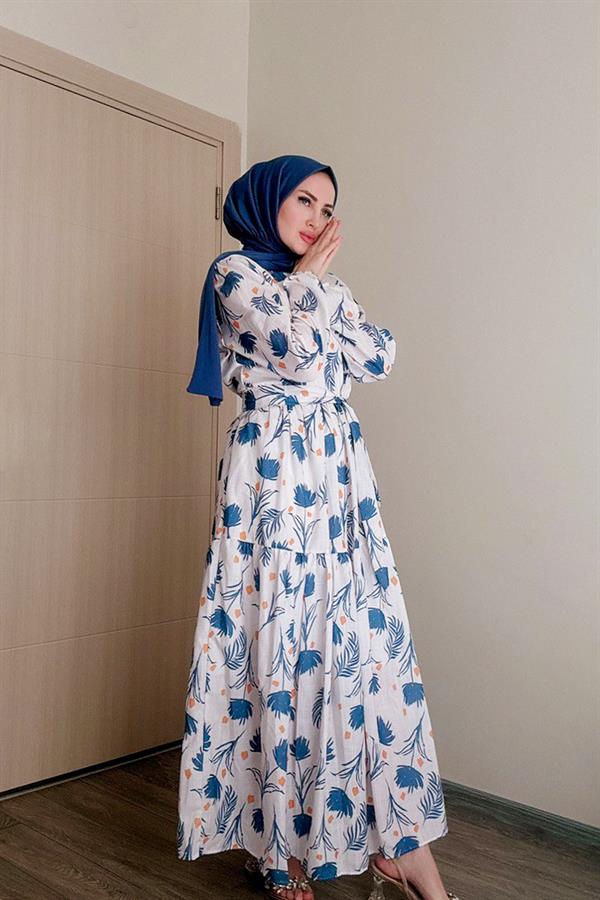 Sayra Shawl Kadın Mavi Çiçek Desenli Tesettür Elbise