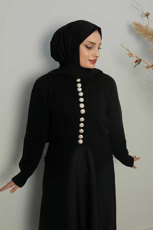 Sayra Shawl Kadın Siyah Düğme Detaylı Triko Hırka
