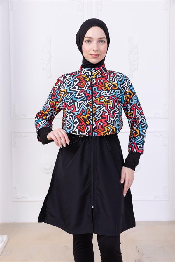 Sayra Shawl Kadın Siyah Geometrik Desenli Tesettür Haşema Mayo