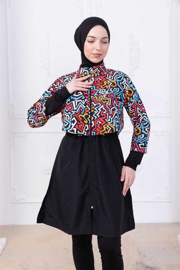 Sayra Shawl Kadın Siyah Geometrik Desenli Tesettür Haşema Mayo