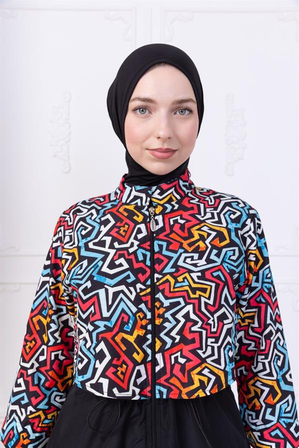 Sayra Shawl Kadın Siyah Geometrik Desenli Tesettür Haşema Mayo