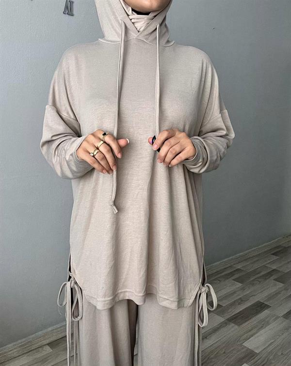Sayra Shawl Kadın Siyah Kapüşonlu Büzgü Detaylı Alt Üst Takım