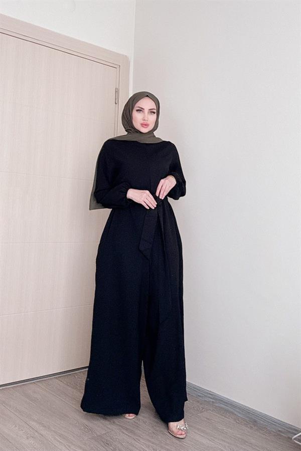 Sayra Shawl Kadın Siyah Kuşaklı Salaş Kesim Tesettür Tulum