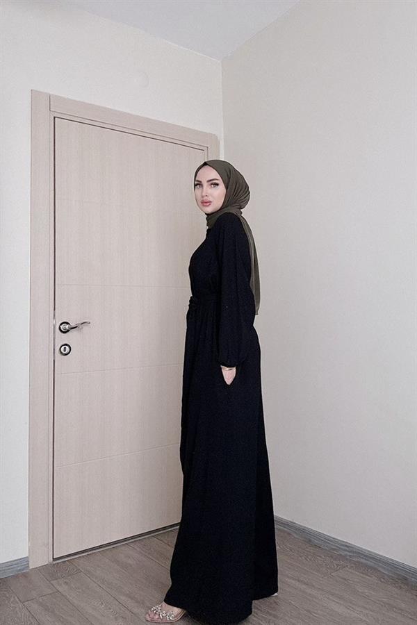 Sayra Shawl Kadın Siyah Kuşaklı Salaş Kesim Tesettür Tulum