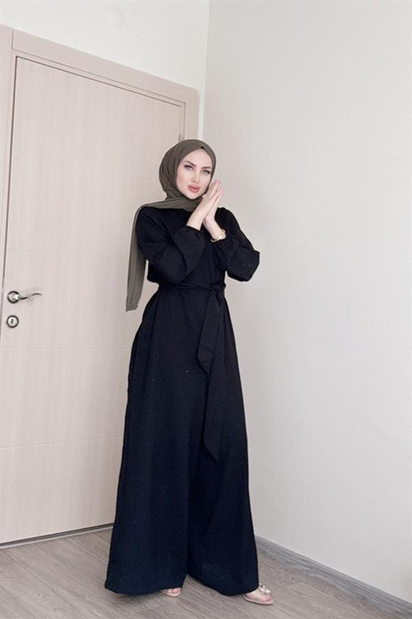 Sayra Shawl Kadın Siyah Kuşaklı Salaş Kesim Tesettür Tulum