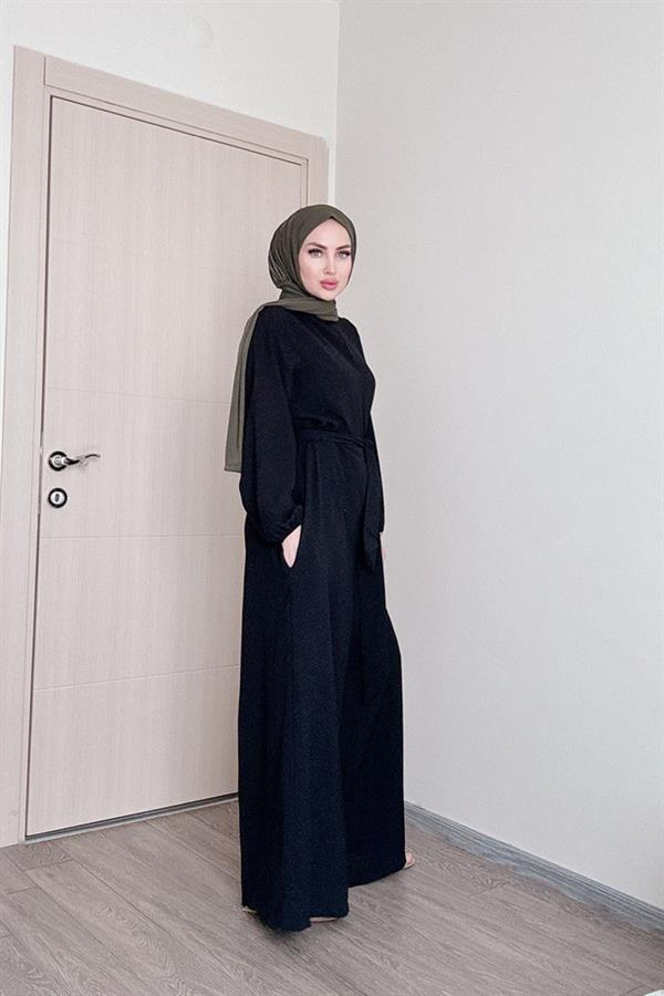 Sayra Shawl Kadın Siyah Kuşaklı Salaş Kesim Tesettür Tulum
