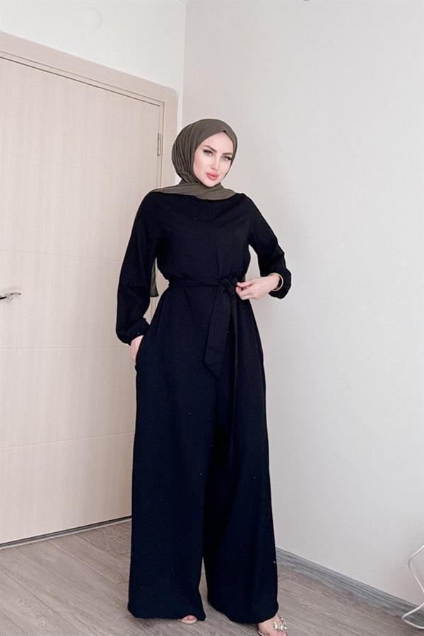 Sayra Shawl Kadın Siyah Kuşaklı Salaş Kesim Tesettür Tulum