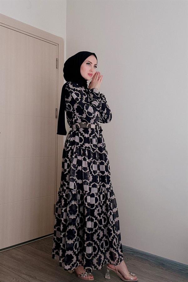 Sayra Shawl Kadın Yeni Sezon Desenli Tesettür Elbise