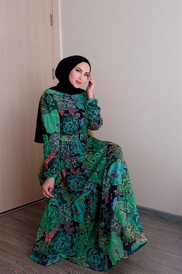 Sayra Shawl Kadın Yeşil Bisiklet Yaka Tesettür Elbise