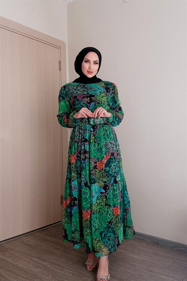 Sayra Shawl Kadın Yeşil Bisiklet Yaka Tesettür Elbise