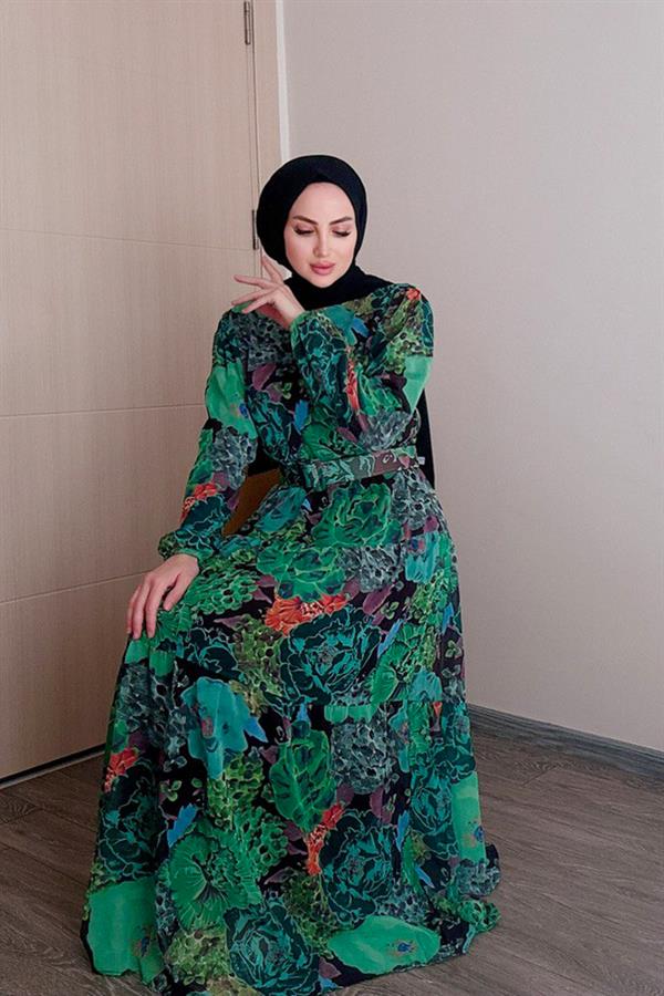 Sayra Shawl Kadın Yeşil Bisiklet Yaka Tesettür Elbise