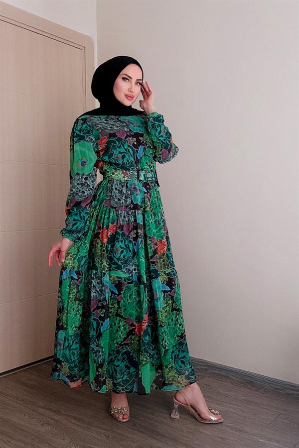 Sayra Shawl Kadın Yeşil Bisiklet Yaka Tesettür Elbise