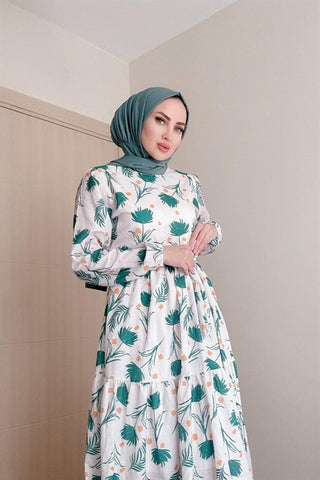 Sayra Shawl Kadın Yeşil Çiçek Desenli Tesettür Elbise