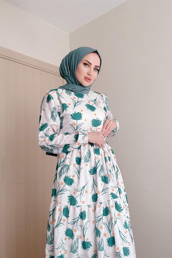 Sayra Shawl Kadın Yeşil Çiçek Desenli Tesettür Elbise