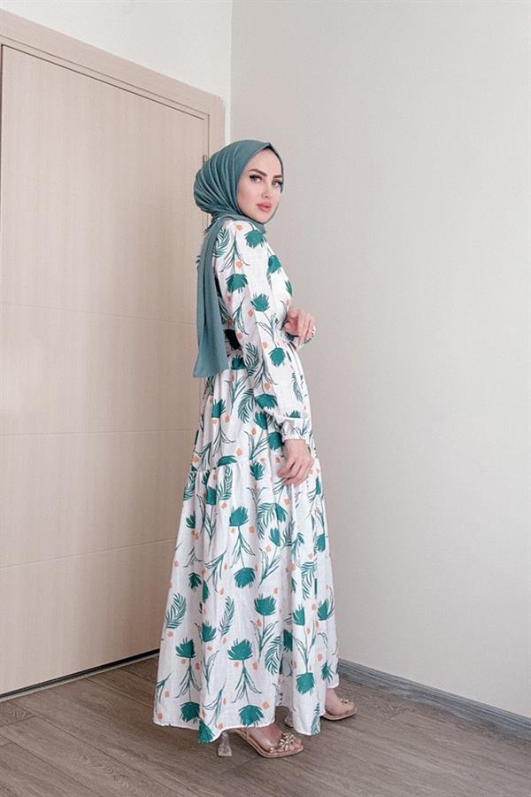 Sayra Shawl Kadın Yeşil Çiçek Desenli Tesettür Elbise