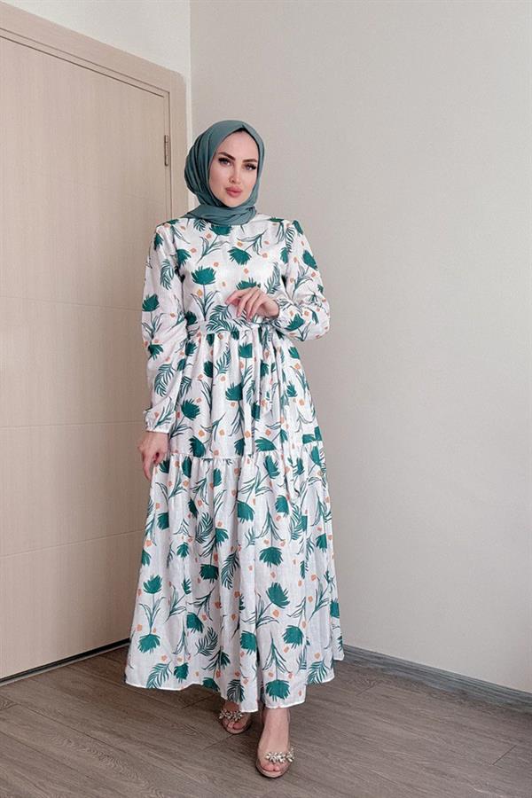 Sayra Shawl Kadın Yeşil Çiçek Desenli Tesettür Elbise
